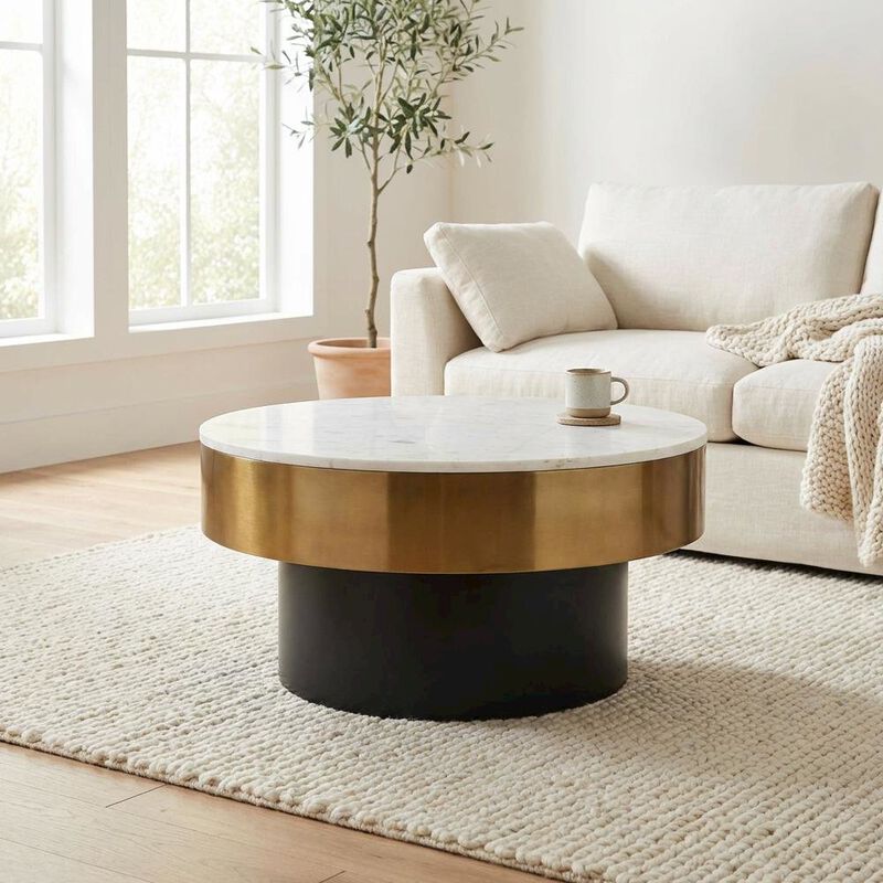 Starlight Canyon Home White Marble Top Coffee Table with Iron Base and Art Deco Design image number 3