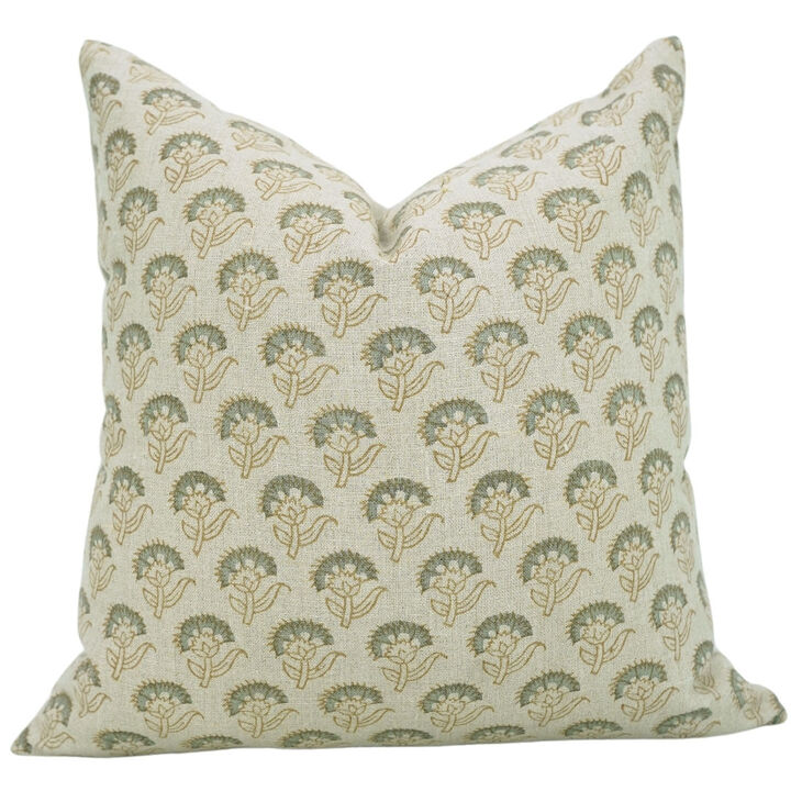 Fabdivine Green Boho Farmhouse Floral Linen Rectangle Pillow Cover, Handmade Block Print Sustainable Cushion Case, Juju Flower