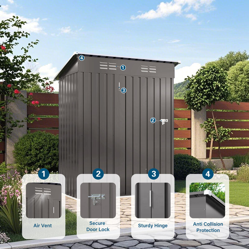 5X3 FT Metal Outdoor Storage Shed with Pitched Roof and Lockable Door image number 6