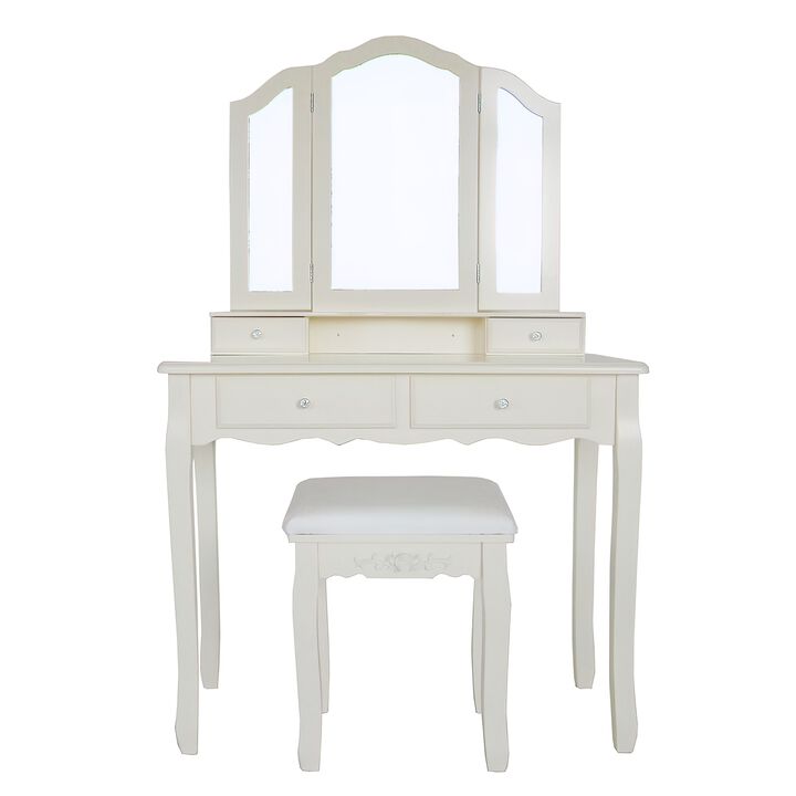 35 Inch 3 Piece Vanity Desk Set with Cushioned Stool and Elegant Trifold Mirror, 4 Drawers, Off White Solid Wood-Benzara