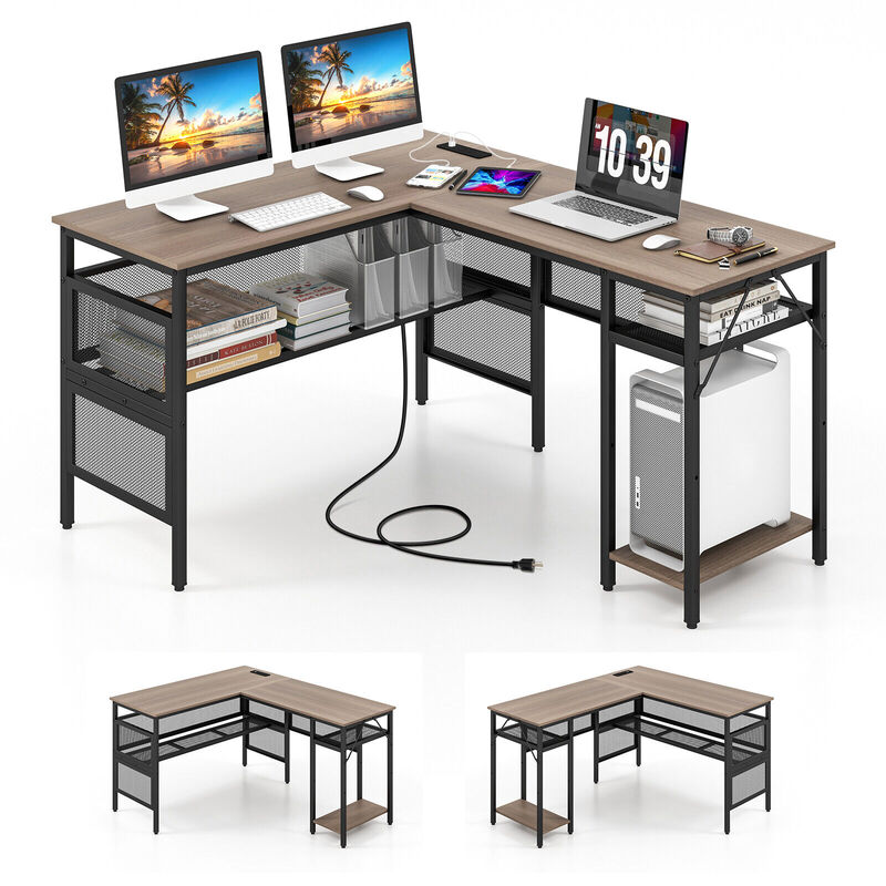 L-Shaped Computer Desk with Charging Station and Adjustable Shelf-Gray image number 3