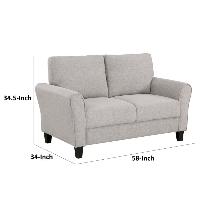Leroi Loveseat, 58 Inch, Gray Fabric and Round Flared Armrests - Benzara