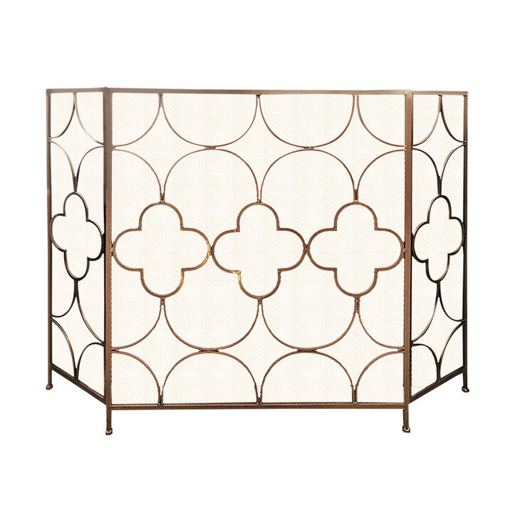50 Inch 3 Panel Metal Fireplace Screen, Quatrefoil Design, Gold