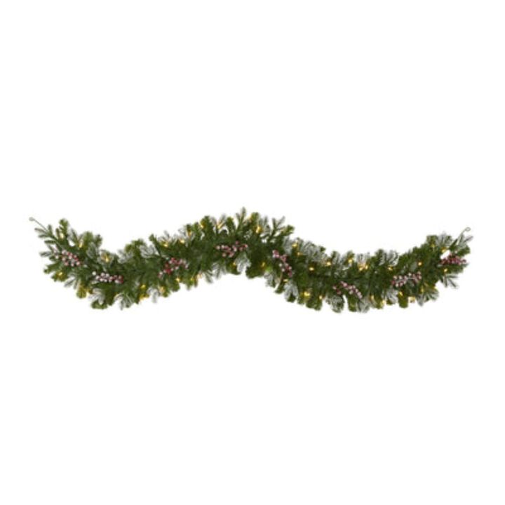 HomPlanti 6' Snow Tipped Artificial Christmas Garland with 50 Warm White LED Lights and Berries