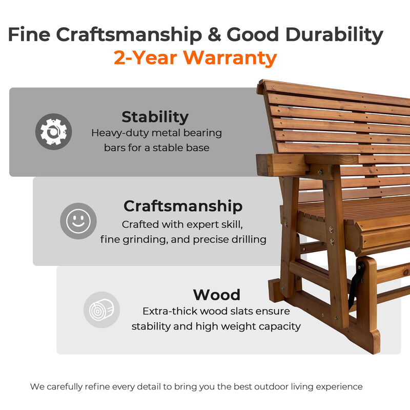 Wooden Patio Glider Bench with Cup Holders, High Roll Back and Deep Contoured Seat, Heavy Duty 800 Lb for Outdoor Porch Garden (3-Person) image number 4