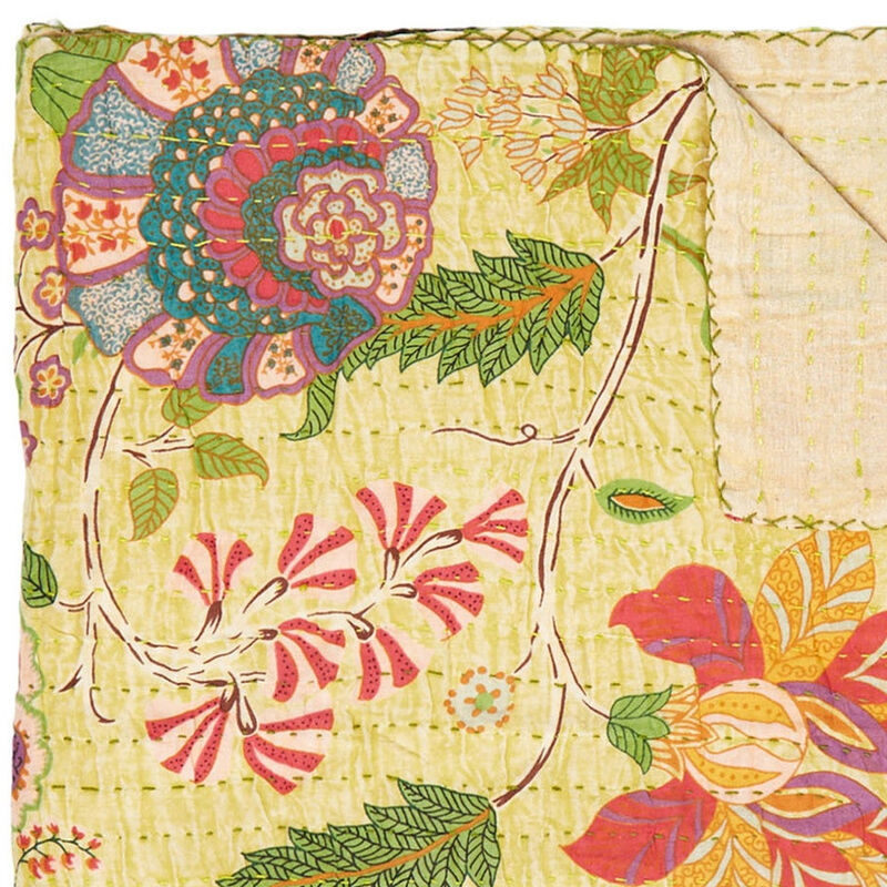HomeRoots 50" X 70" Yellow And Pink Floral Cotton Quilted Kantha Throw Blanket with Embroidery image number 2