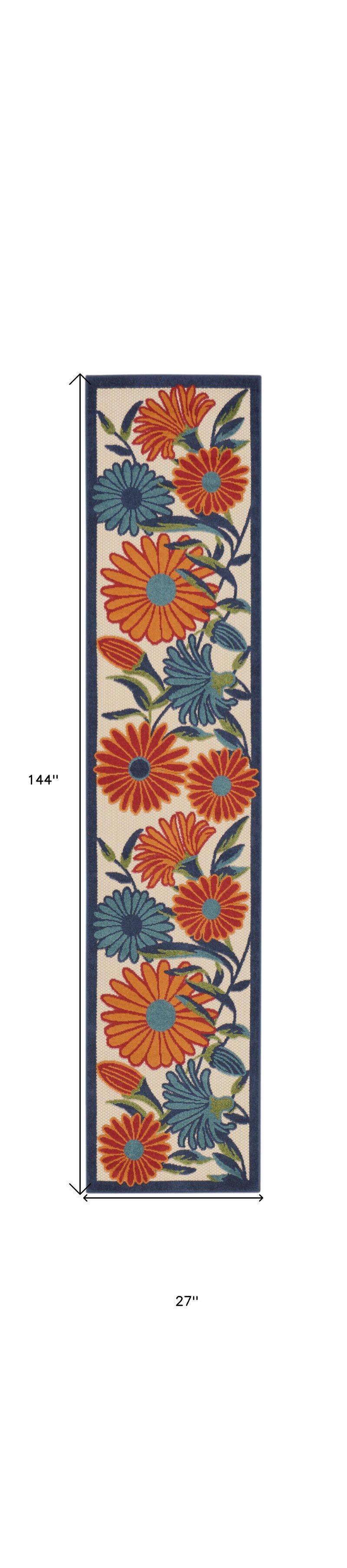 HomeRoots 12' Ivory Blue And Orange Floral Indoor Outdoor Runner Rug image number 6