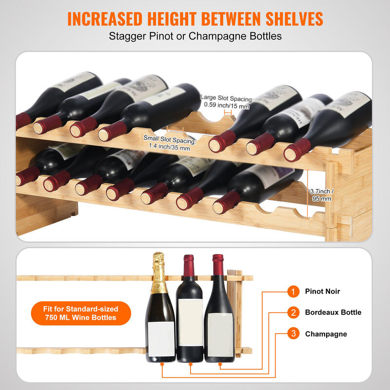 18 Bottle Stackable Modular Wine Rack Wicker Wood Display Shelf 2-Tier