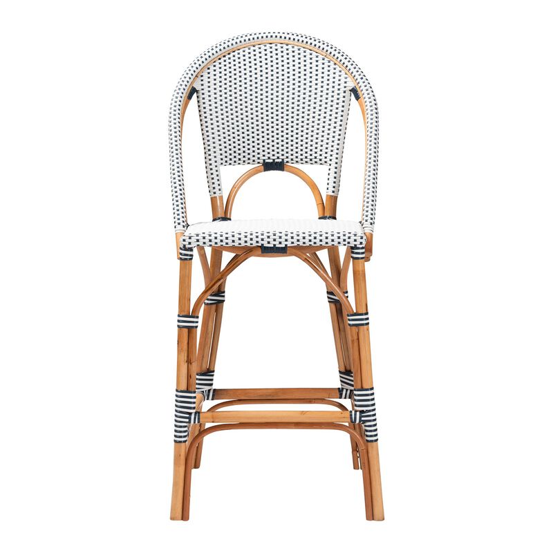 bali & pari Genica Classic French Two Tone Navy and White Weaving and Natural Rattan Bar Stool