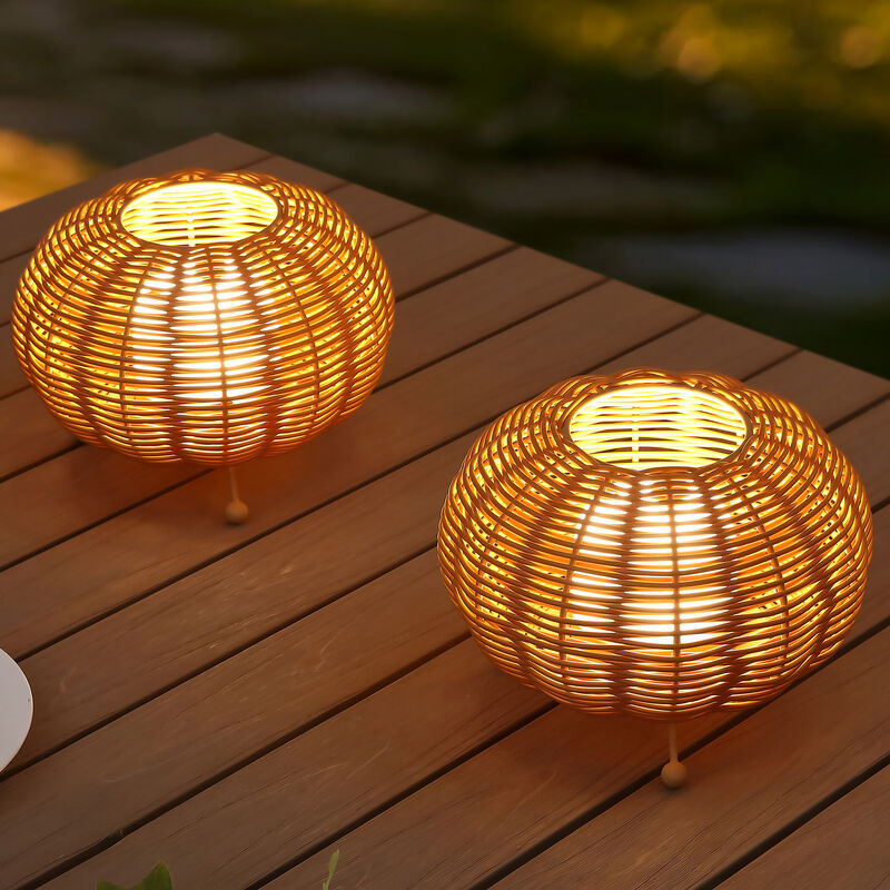 Kairi 5.75" Modern Bohemian Indoor/Outdoor Faux Rattan Lantern Rechargeable/Cordless Dimmable Integrated LED Table Lamp