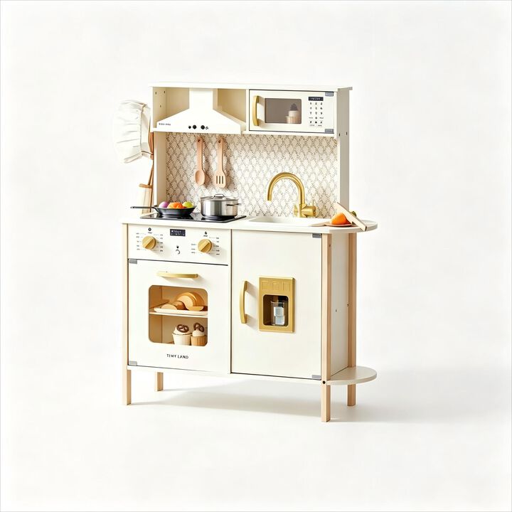 PopJoy Play Kitchen for Kids - Wooden Pretend Play Set with Lights & Sounds & Adjustable Height, Wooden Chef Pretend Play Set