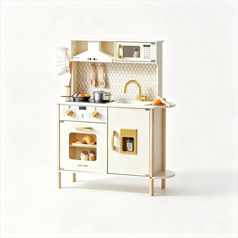 PopJoy Play Kitchen for Kids - Wooden Pretend Play Set with Lights & Sounds & Adjustable Height, Wooden Chef Pretend Play Set image number 0