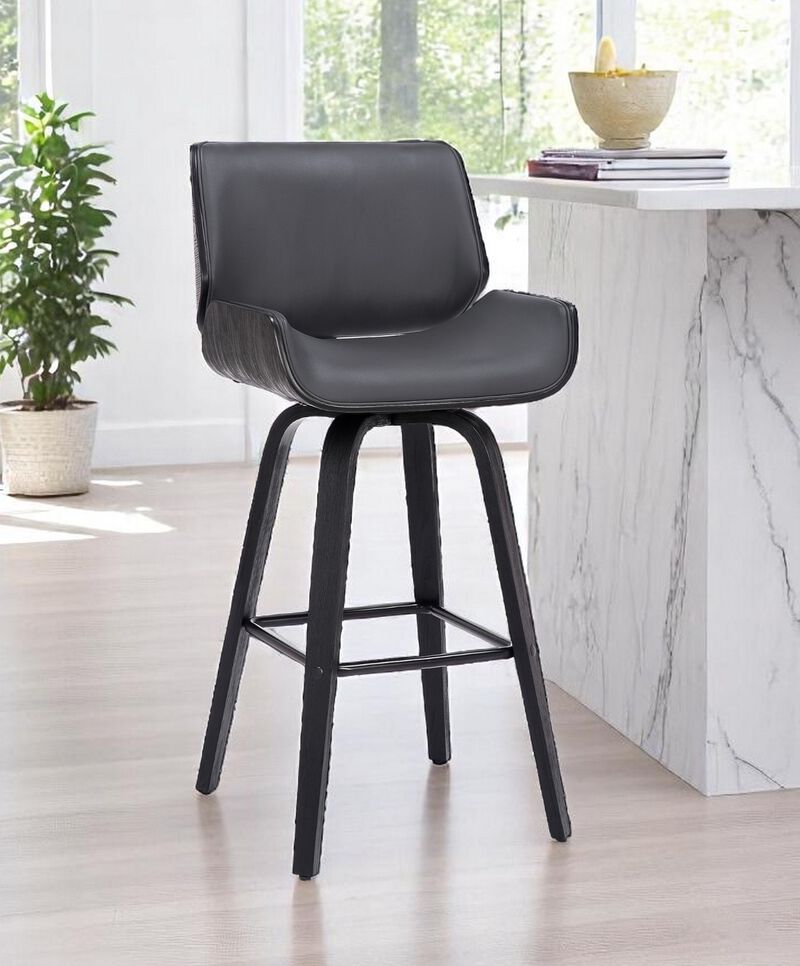 Hivvago 30 Inch Gray and Black Faux Leather and Iron Bar Height Swivel Bar Chair