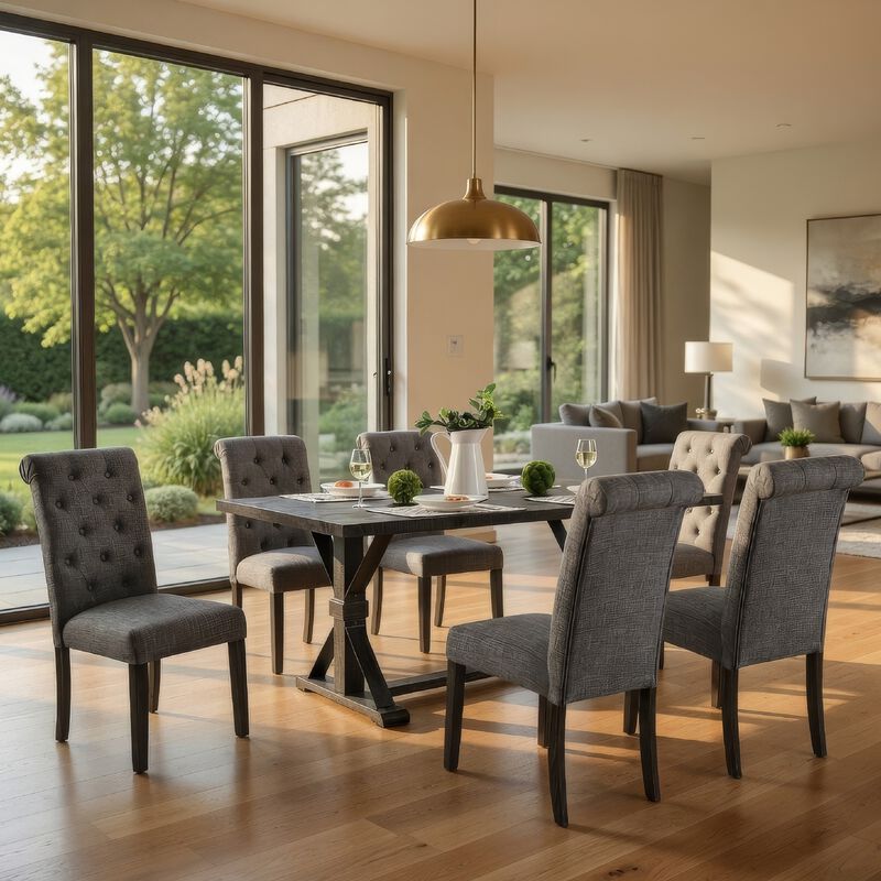 Fredy 7pc Dining Table Set, Dual Pedestal Base, 6 Beige Fabric Chairs image number 6