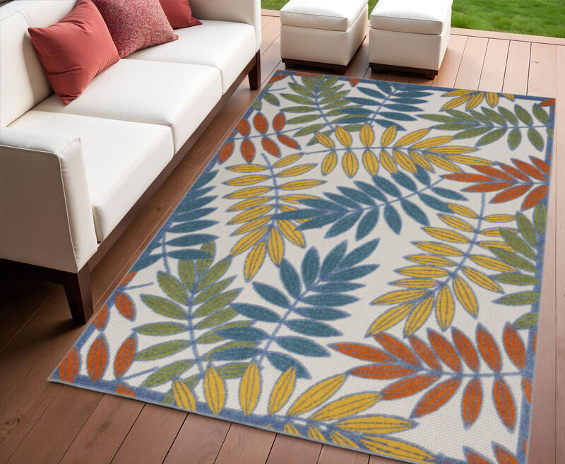 HomeRoots 4' X 6' Ivory Yellow Orange Green And Blue Botanical Leaves Indoor Outdoor Area Rug image number 1