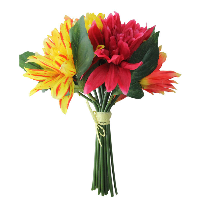 12.5" Red and Yellow Artificial Decorative Elegant Dahlia Flower Bouquet