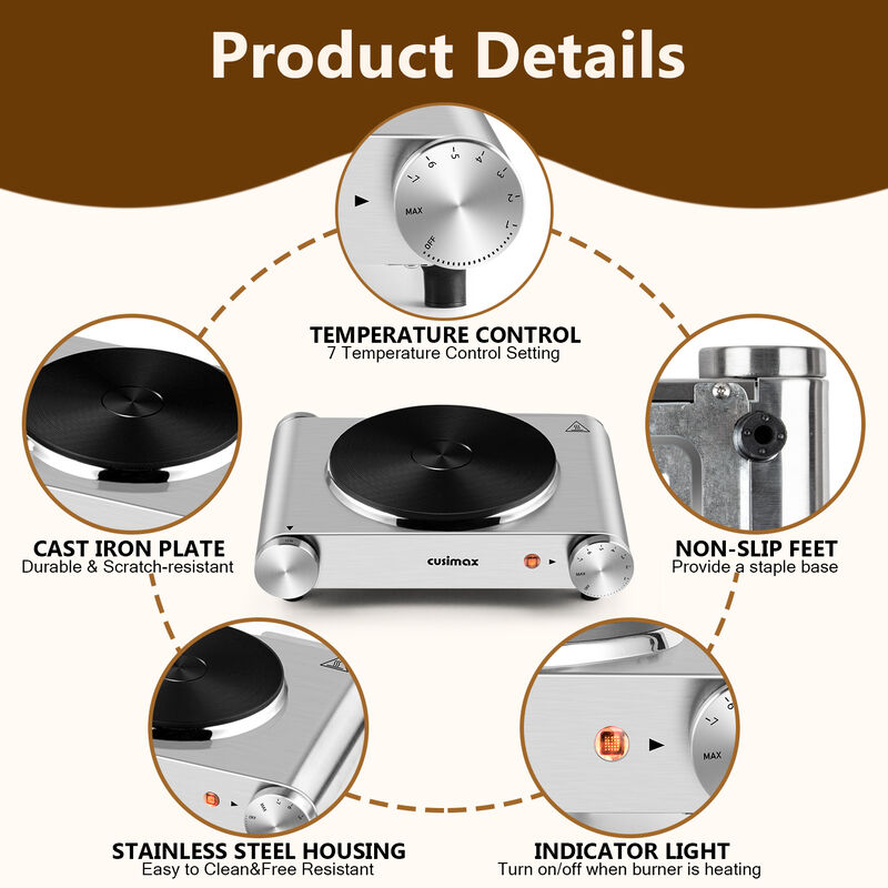 Cusimax Electric Hot Plate For Cooking,1500W Stainless Steel Single Burner With Temperature Control, for All Cookware image number 6