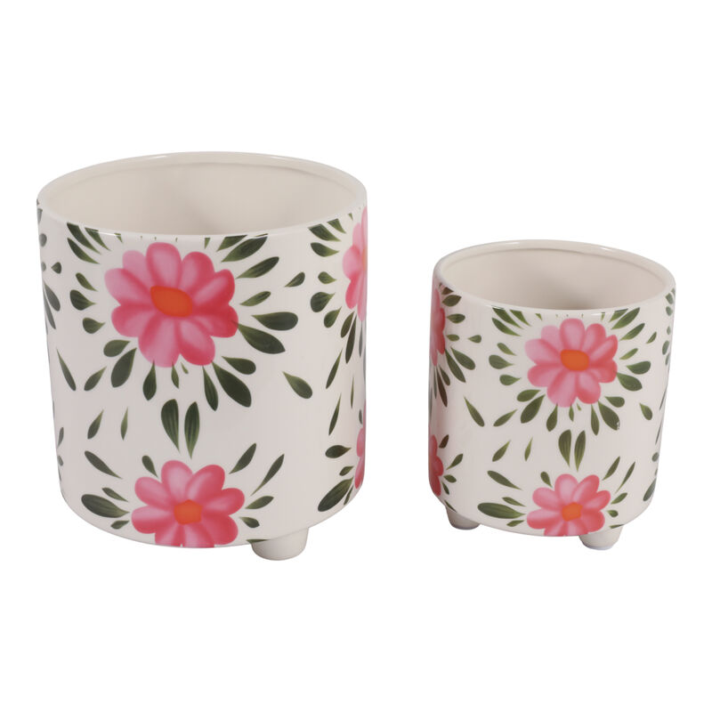 Pink Flowers Footed Planters image number 2