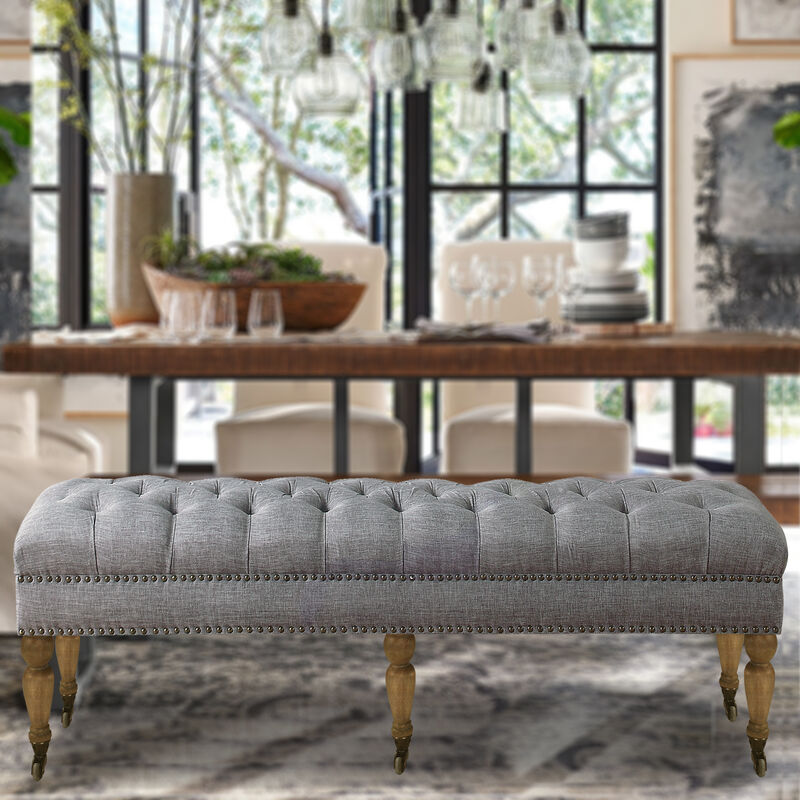 Button-Tufted Linen Bench with Nailhead Trim & Wooden Legs, Multi-Functional Storage Ottoman