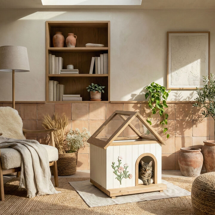 Transparent Roof Pet House with Floral Carving, Cedar Indoor Shelter for Cats & Small Dogs