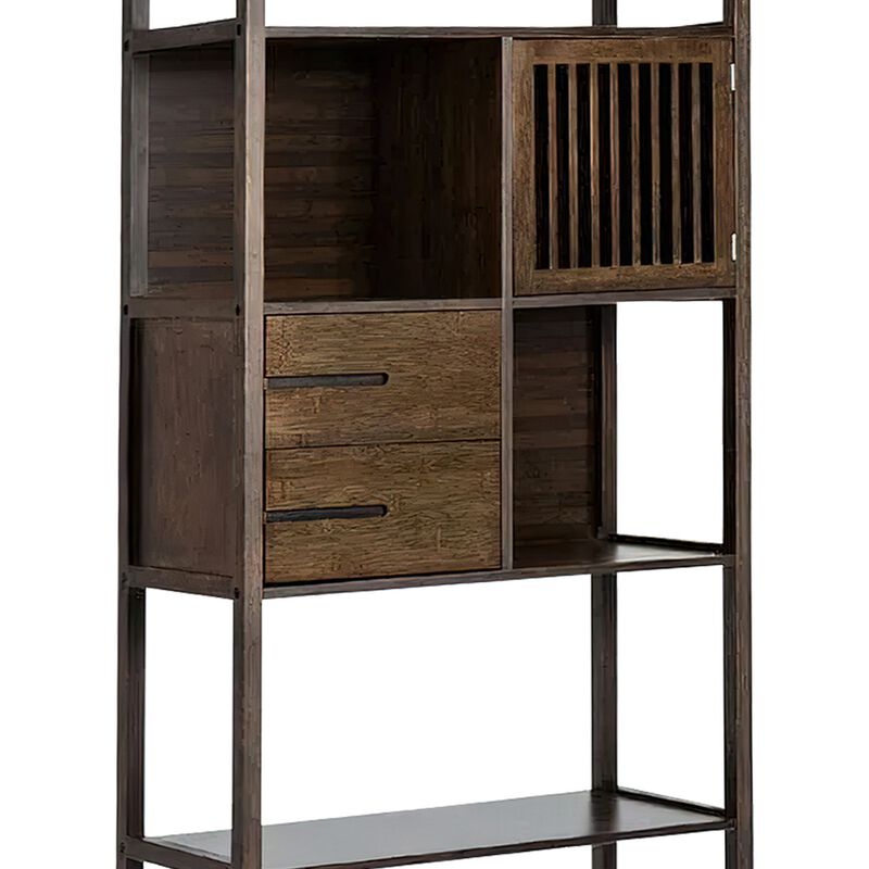 Axa 68 Inch Bamboo Shelf Bookcase with Cabinet, Right Facing, Dark Brown - Benzara