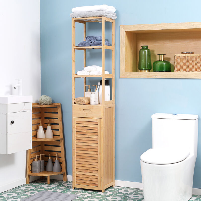 Bamboo Tall Slim Bathroom Cabinet with Drawer and Slatted Shelves, Natural