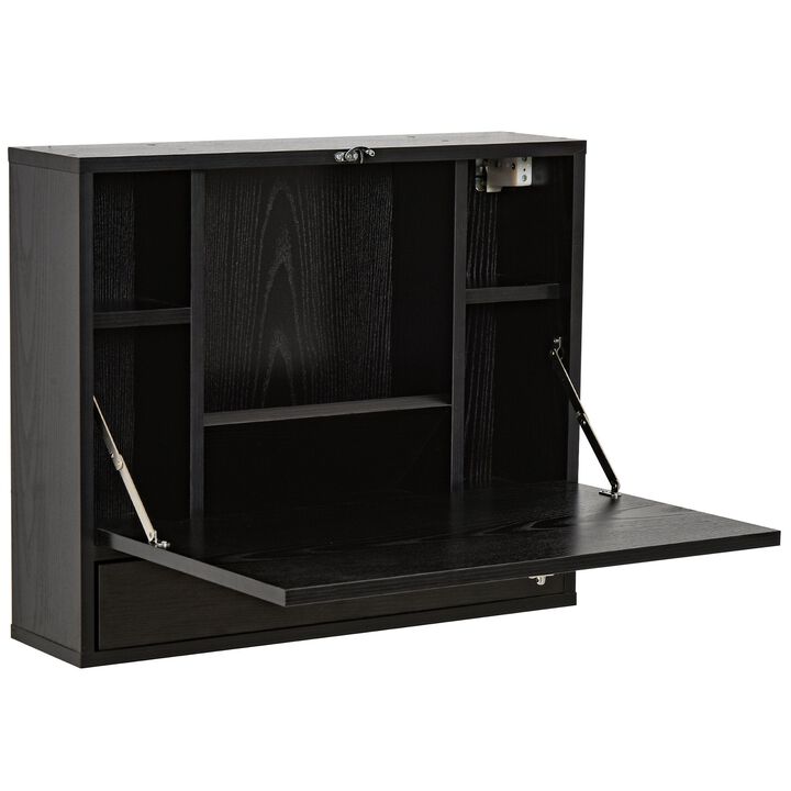 Wall Mounted Desk with Storage Shelves, Floating Desk with Foldable Tabletop, Space Saving Computer Writing Table, Black