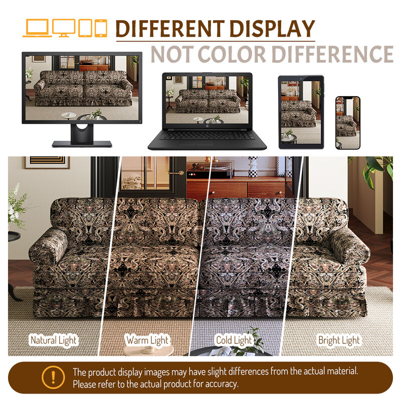 Whisen Mid-Century Sofa, Oxford Fabric Cloud Couch with Elegant Rolled Arms and Pleated Skirt Design