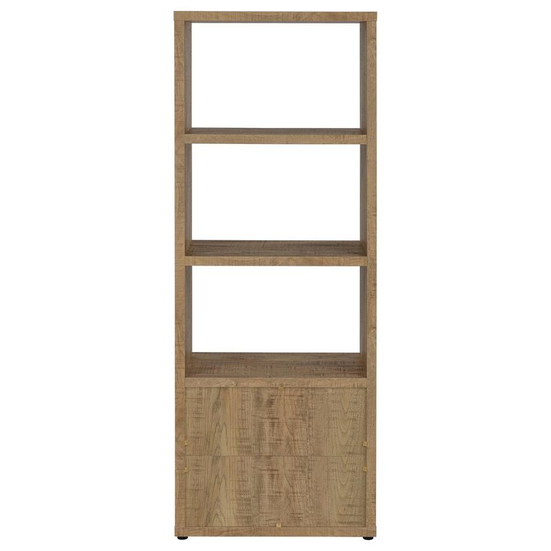 Tag 71 Inch Media Tower with 3 Shelves, 2 Doors, MDF Wood, Mango Brown - Benzara