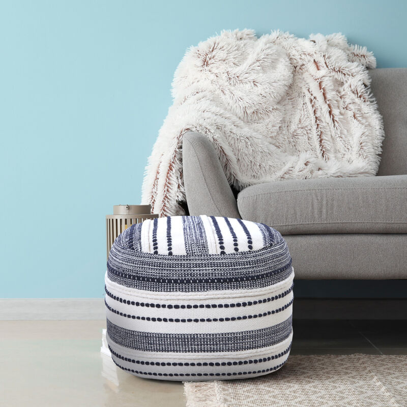 Hivvago 18 Inch Blue Cotton Cylinder Striped Pouf Ottoman