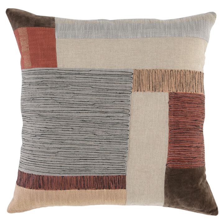 22 Inch Square Accent Throw Pillow, Modern Patchwork, Beige Multicolor - Benzara