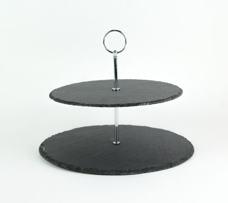 Two Tier Round Slate Stone and Chromed Metal Country Farmhouse Serving Tray image number 2