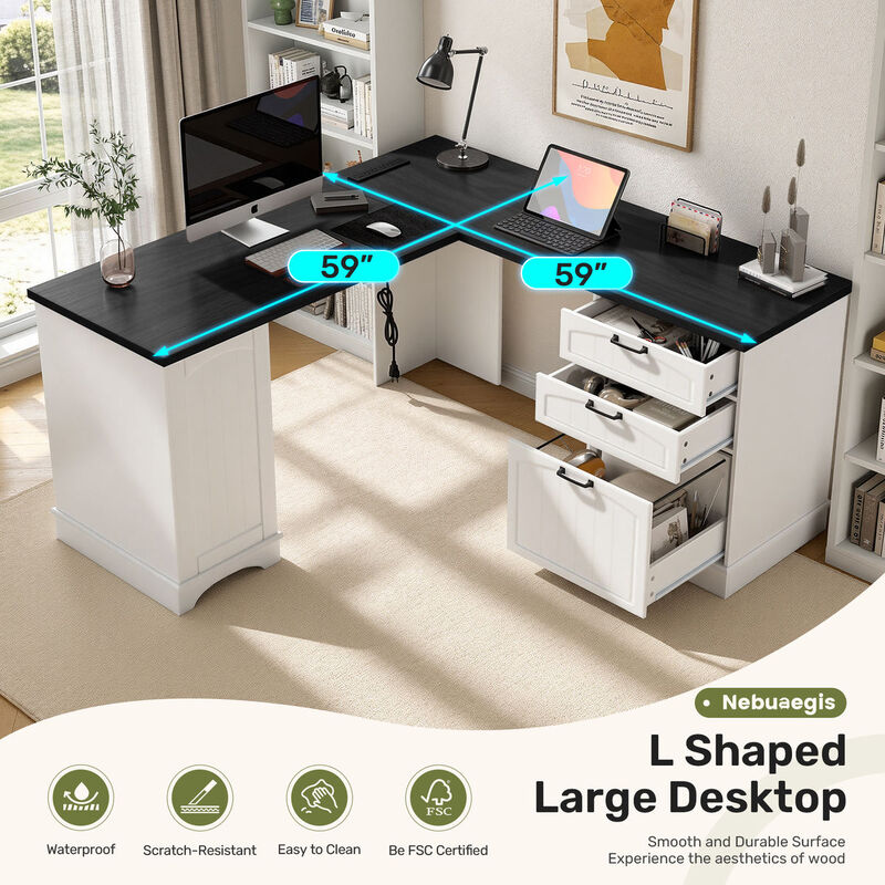 Envelor USB Charging Drawers & File Cabinet L-Shaped Office Desk for Home Office Study image number 4