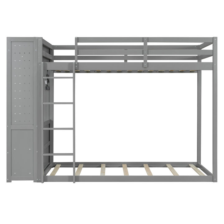 Whisen Twin Size Bunk Bed with 4 Drawers, Light & Pegboards, Wood, for Bedroom