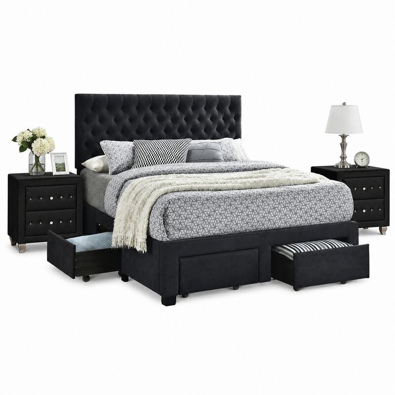King Bedroom Set, Black Wood, 3 Piece Set with 2 Nightstands image number 0