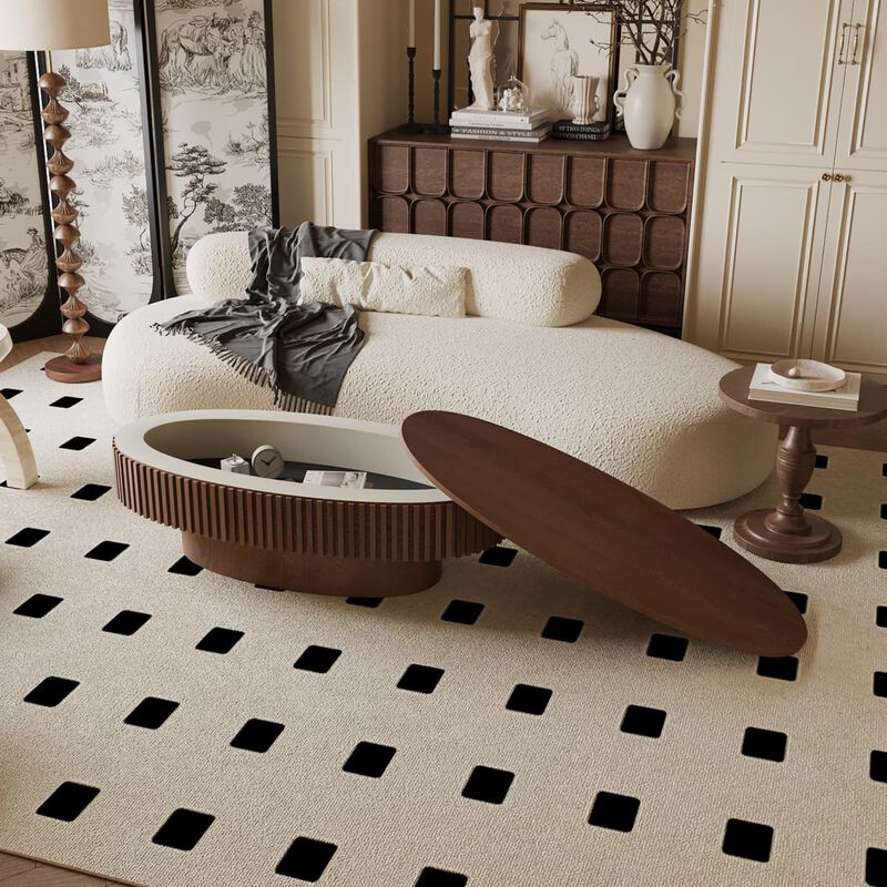 Oval coffee table with storage Solid wood veneer and MDF modern coffee table with fluted base Accent tea coffee table for living room image number 3