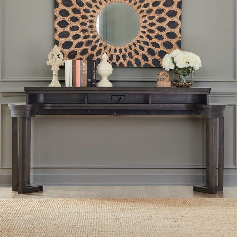 Liberty Furniture Living Room Console Bar Table - AC USB Charging Station  - Peppercorn Oak Wood image number 1