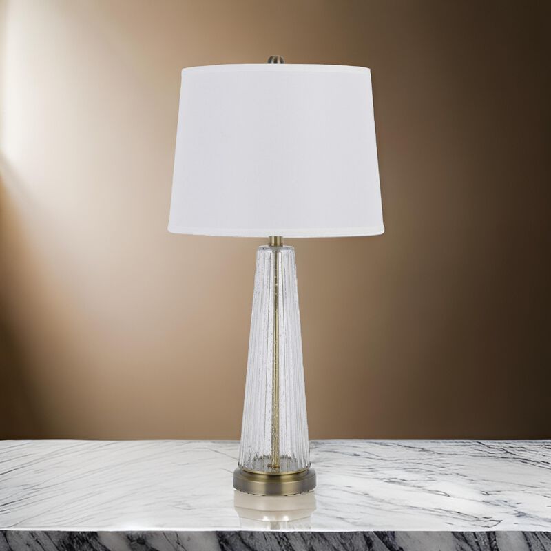 31 Inch Table Lamp Set of 2, White Shade, Tapered Glass Body, Metal Base - Benzara