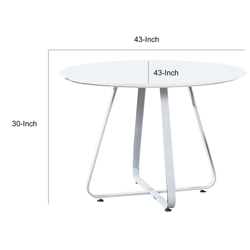 43 Inch Dining Table, Round High Gloss White Top and Angled Metal Legs