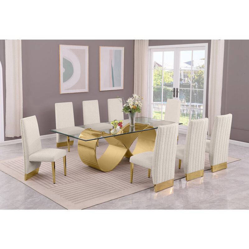 Best Quality Furniture 9Pc Tempered Glass Dining Set 8 Cream Boucle Chairs And Gold Base