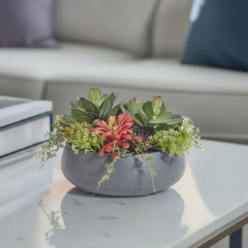 Round Artificial Succulent Arrangement, Gray Planter image number 2