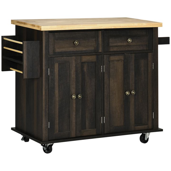 Brown Oak Kitchen Trolley: Rolling Cart with Rubberwood Top & Racks