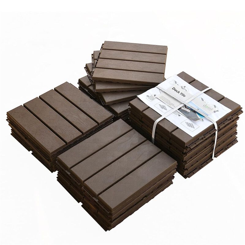 CLIHOME 12"x12" Square Composite Decking Tiles,Outdoor Patio Four Slat Plastic Interlocking Deck Tiles(Pack of 27) image number 0