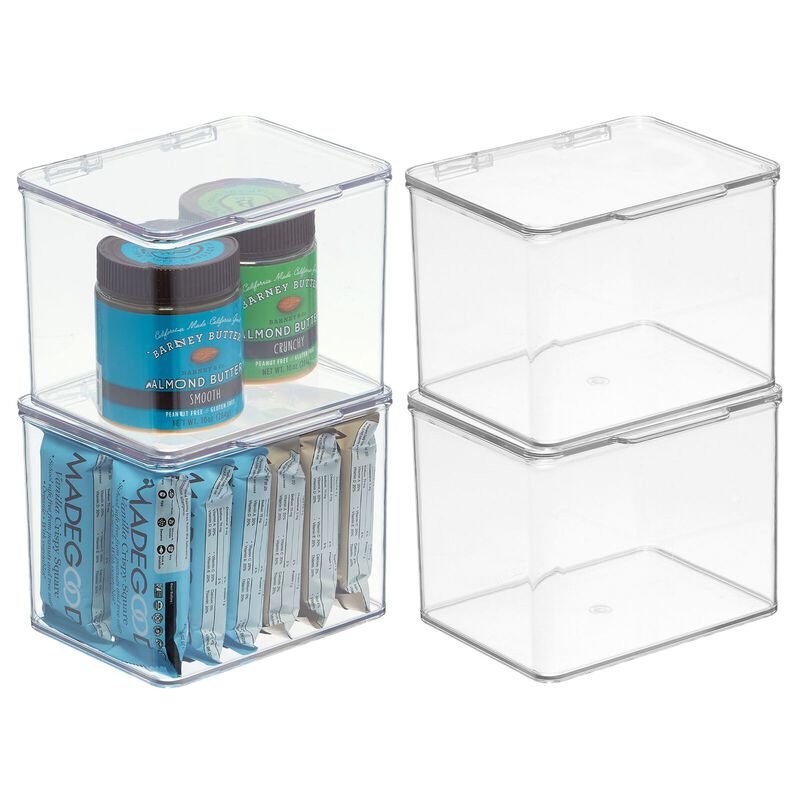 mDesign Kitchen Pantry/Fridge Storage Organizer Box - Hinge Lid, 4 Pack, Clear