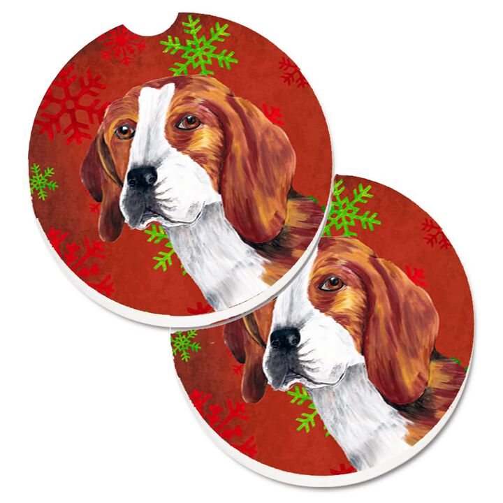 Caroline's Treasures Beagle Red & green Snowflakes Holiday Christmas Set of 2 Cup Holder Car Coasters SC9409CARC, 2.56, Multicolor