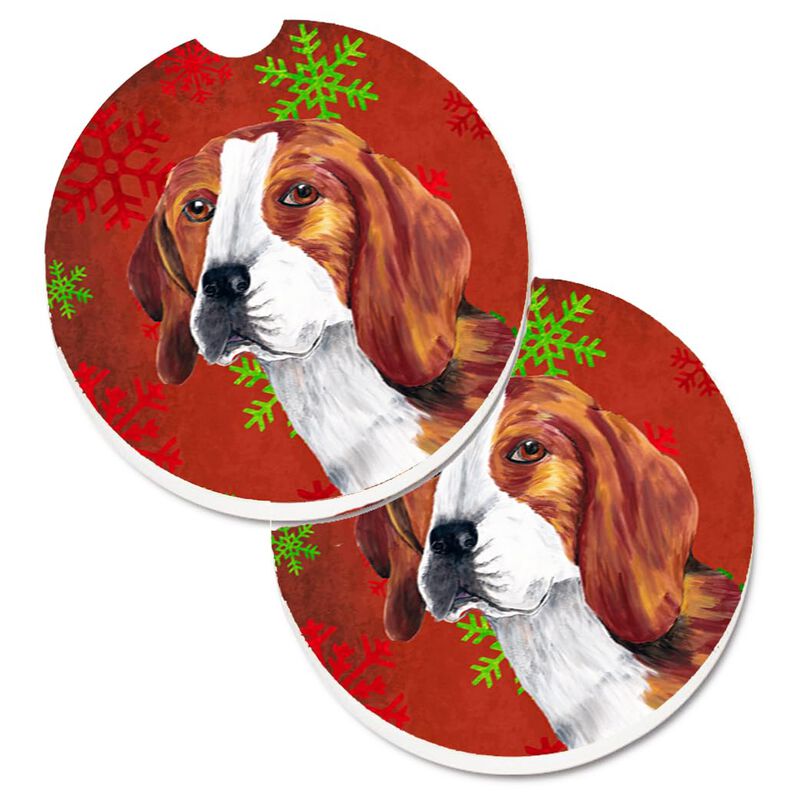 Caroline's Treasures Beagle Red & green Snowflakes Holiday Christmas Set of 2 Cup Holder Car Coasters SC9409CARC, 2.56, Multicolor image number 0