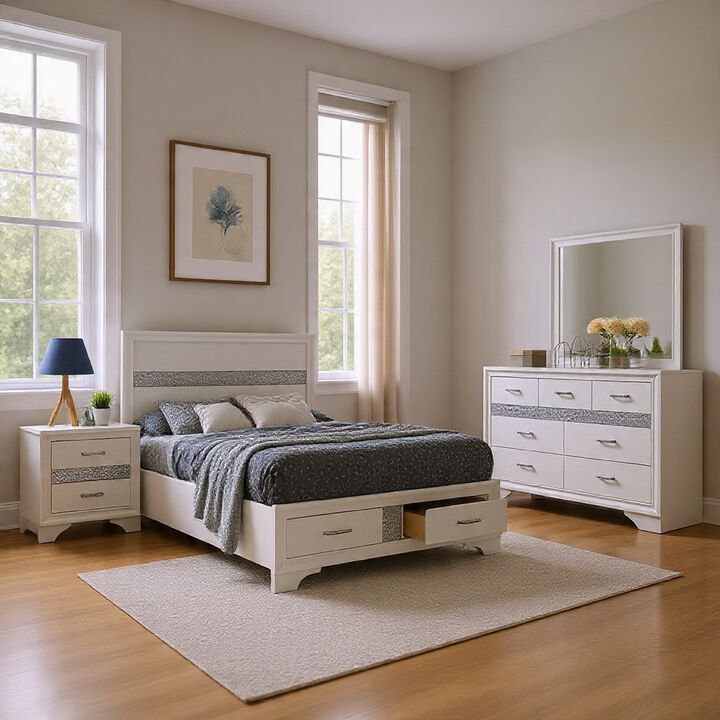 Vino 4pc Twin Bedroom Set, Storage Footboard, White, Glitter Stripes