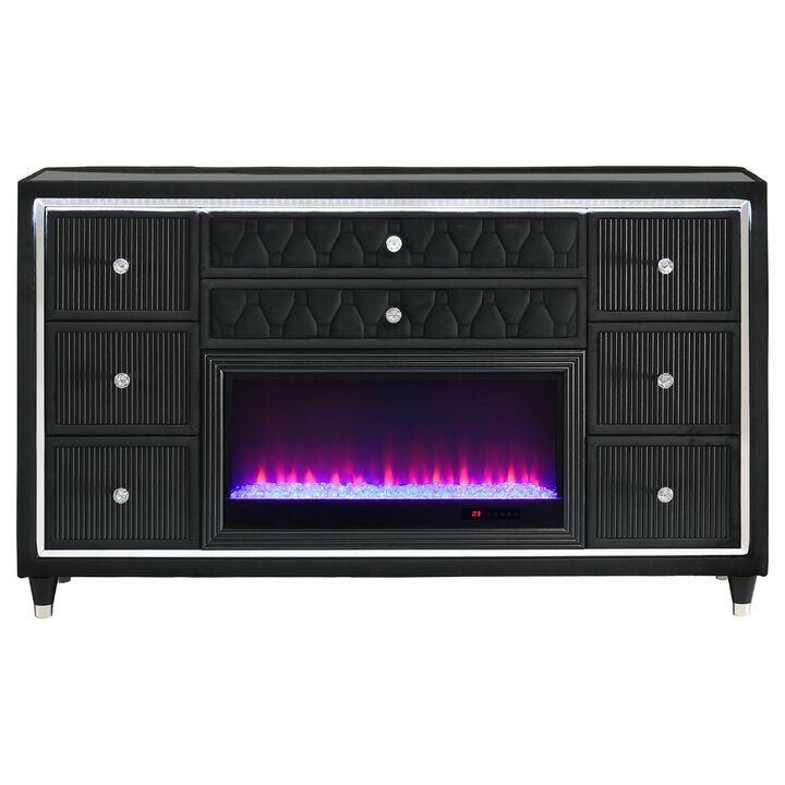 Maren Wide Dresser, 8 Drawers, LED Flame box, Velvet