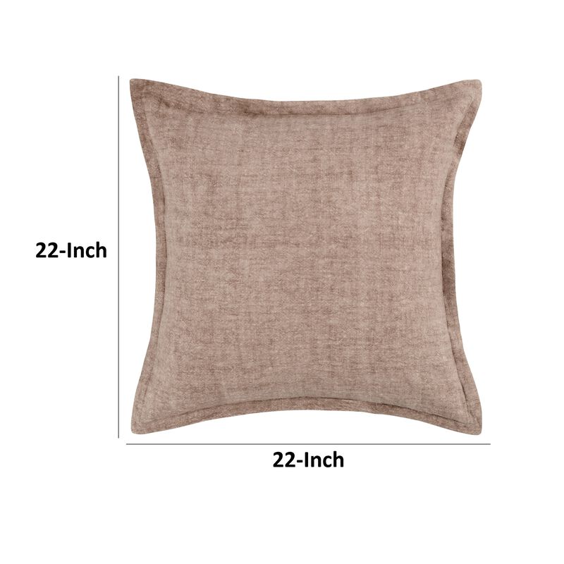 Pixie Throw Pillow, Self Flange, 22 Inch Light Brown Cotton Linen - Benzara