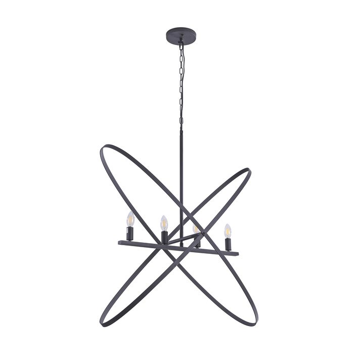Modern Chandelier, 4 LED Light, Black Cross Band, Brass Metal 38 Inch - Benzara